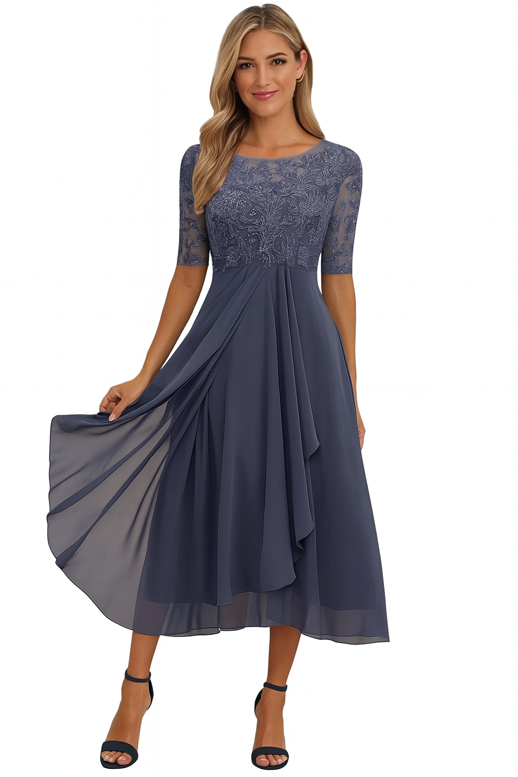 Women's A-Line Midi Dress Floral Lace and Layered Skirt
