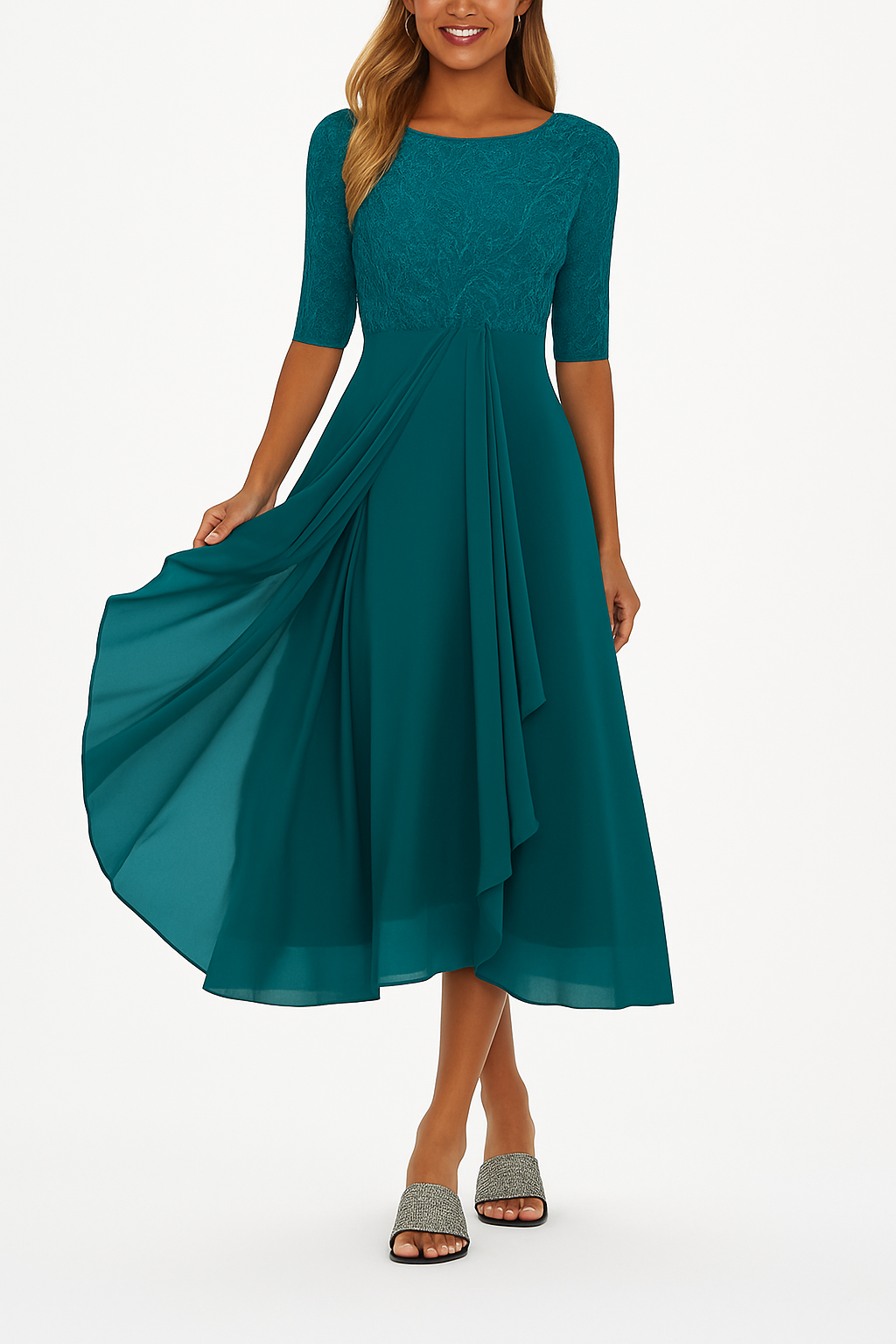 Women's A-Line Midi Dress Floral Lace and Layered Skirt