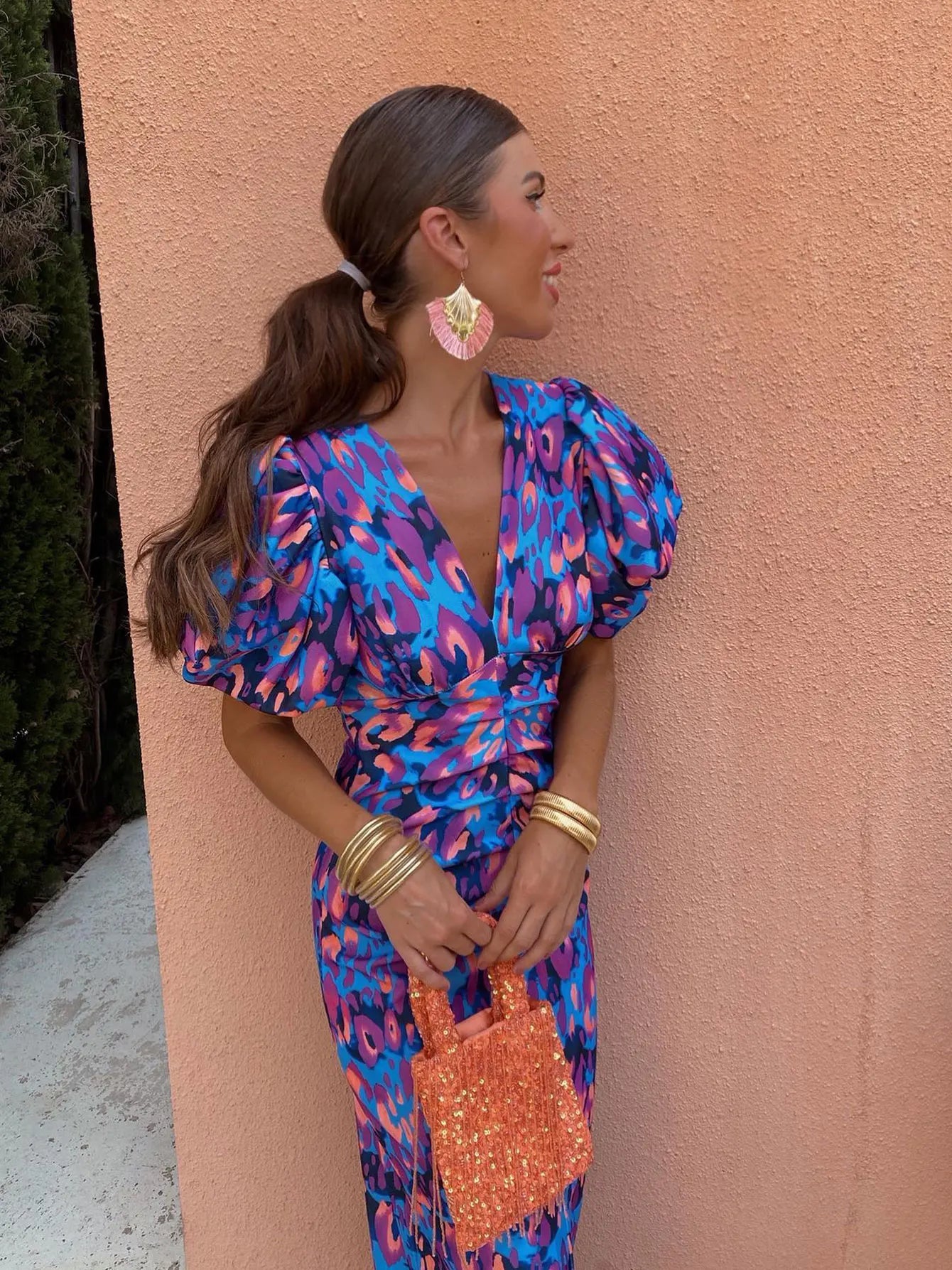 Women's Puff Sleeve Midi Dress Vibrant Evening Silhouette and Leopard Print