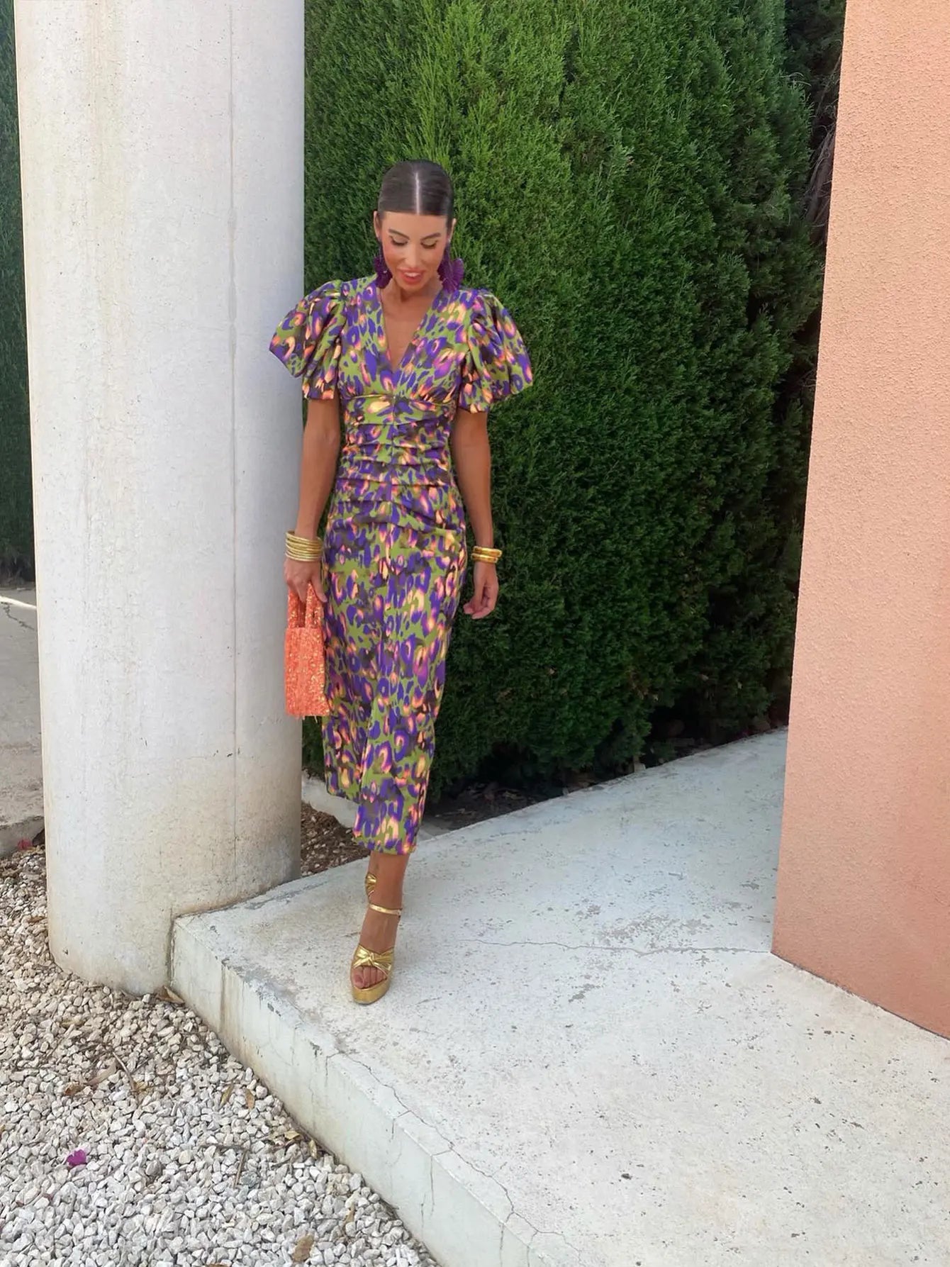 Women's Puff Sleeve Midi Dress Vibrant Evening Silhouette and Leopard Print