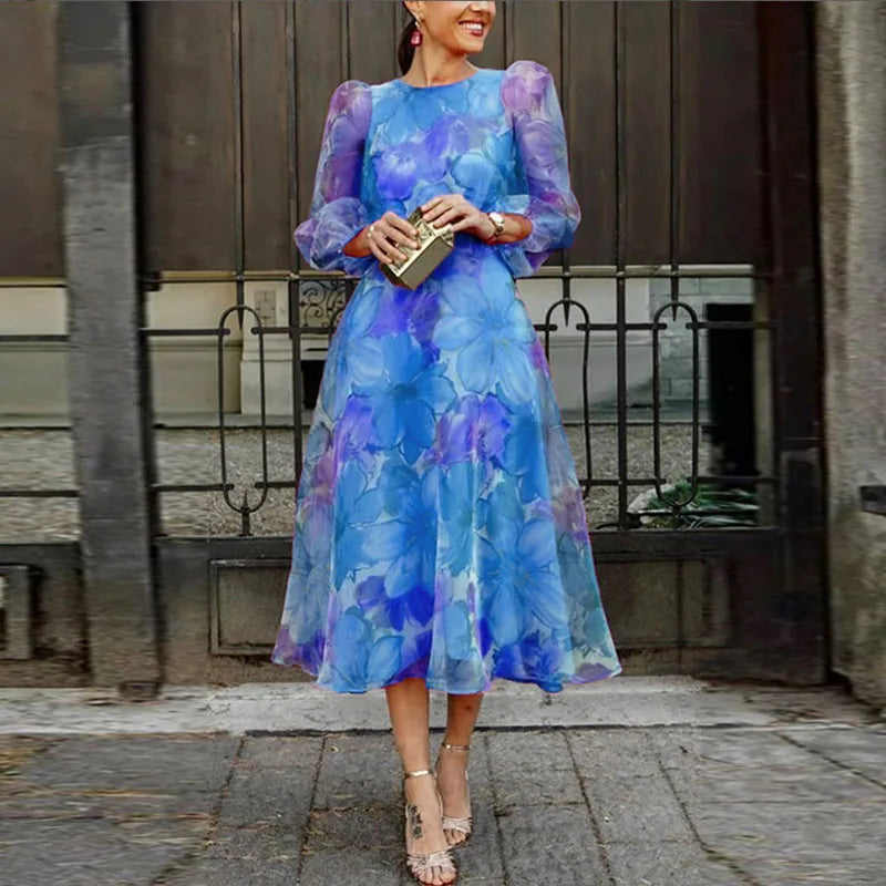 Women's Wedding Guest Dress Floral Midi and Sheer Puff Sleeves