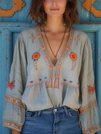 Women's Boho Blouse Light Blue Linen Embroidered V-Neck