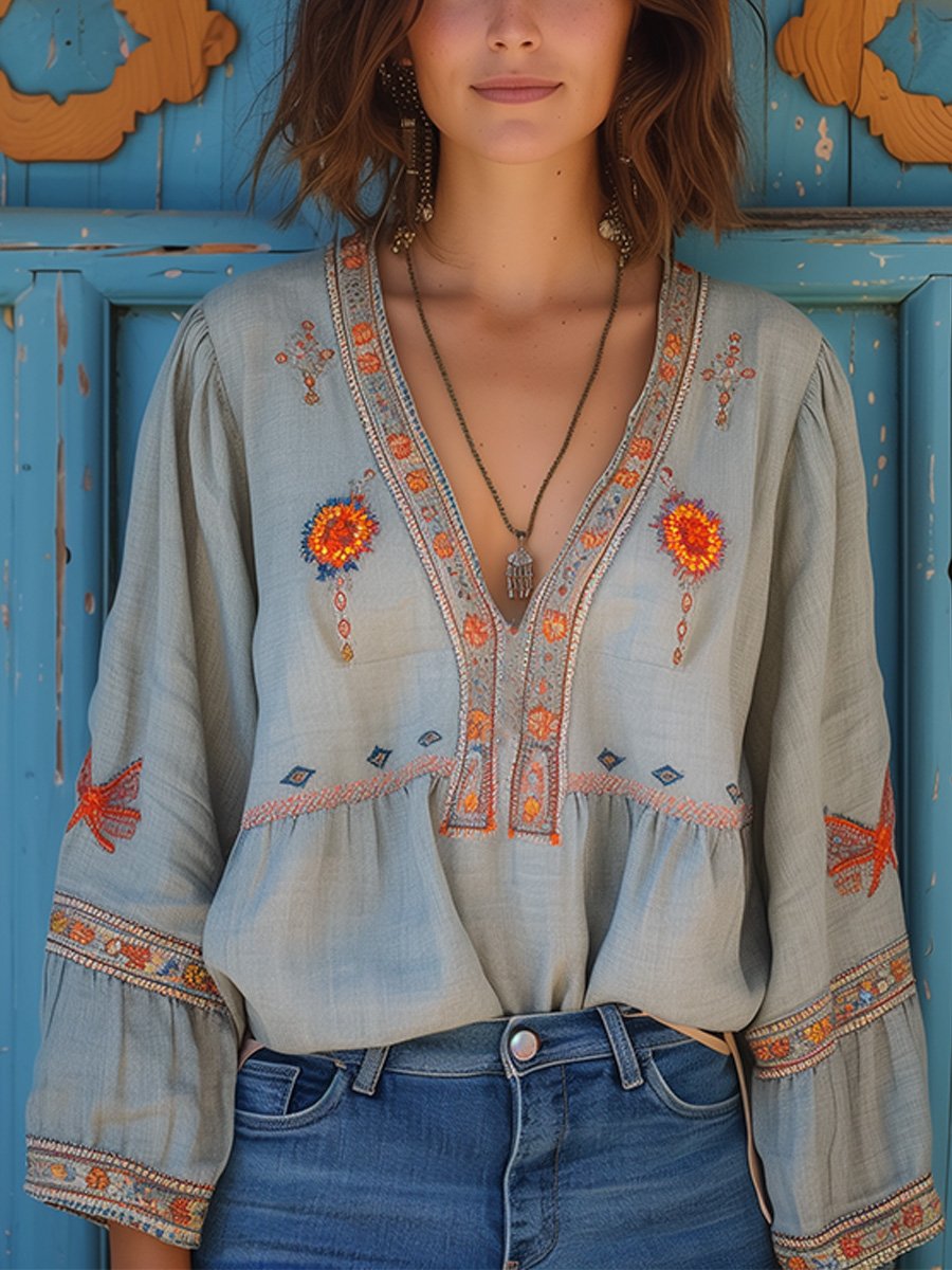 Women's Boho Blouse Light Blue Linen Embroidered V-Neck