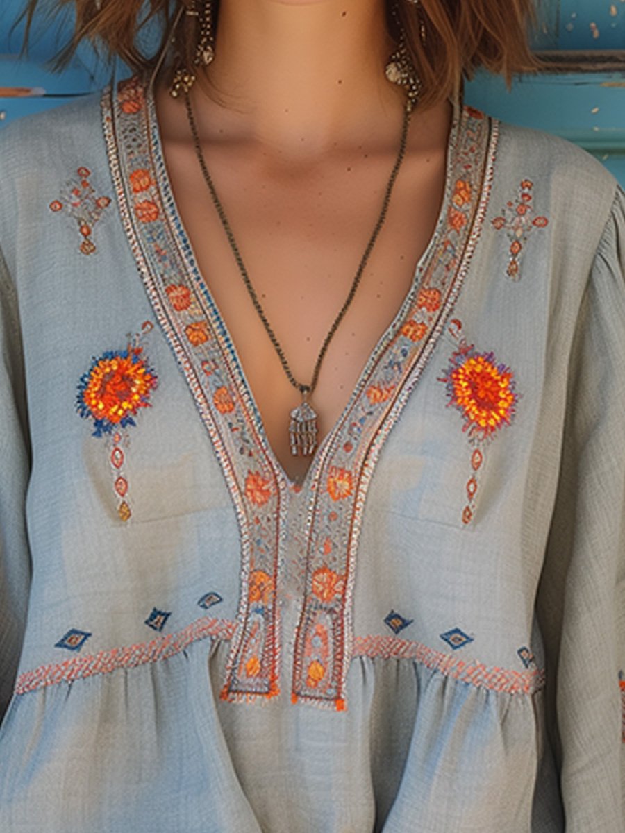 Women's Boho Blouse Light Blue Linen Embroidered V-Neck