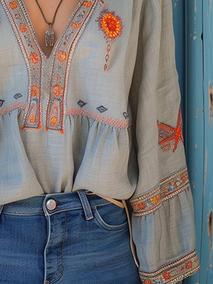 Women's Boho Blouse Light Blue Linen Embroidered V-Neck