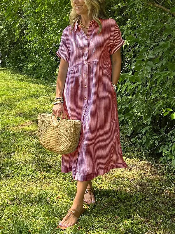 Women's Short Sleeve Midi Shirt Dress Vertical Stripes and Button Closures