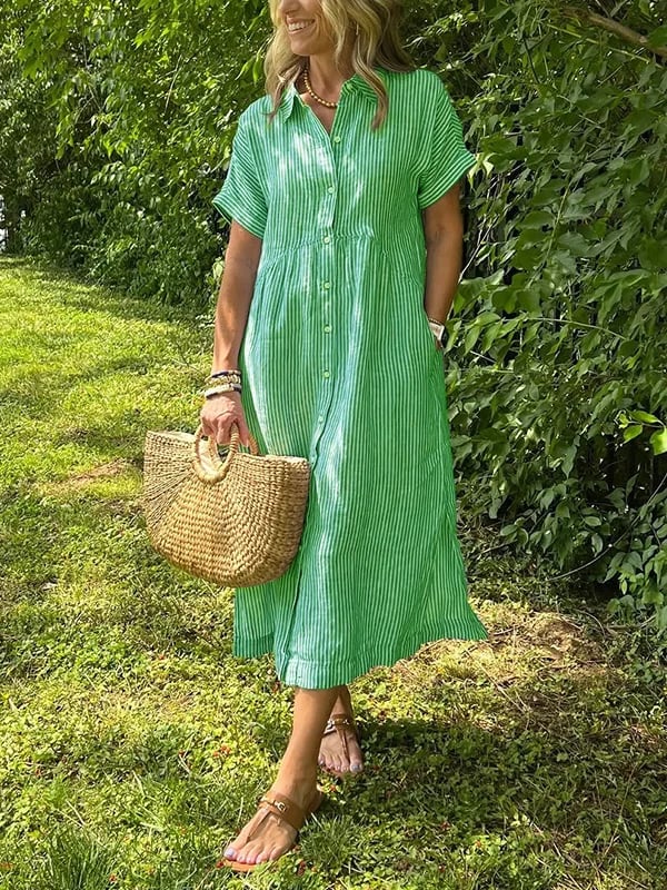 Women's Short Sleeve Midi Shirt Dress Vertical Stripes and Button Closures
