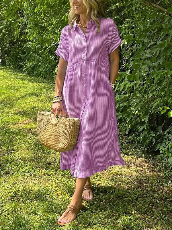Women's Short Sleeve Midi Shirt Dress Vertical Stripes and Button Closures