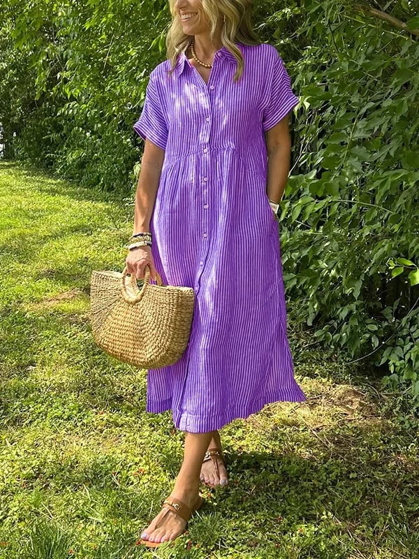 Women's Short Sleeve Midi Shirt Dress Vertical Stripes and Button Closures