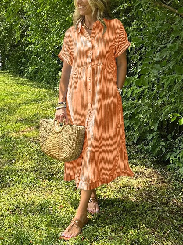 Women's Short Sleeve Midi Shirt Dress Vertical Stripes and Button Closures