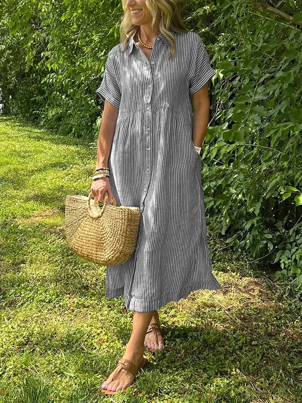 Women's Short Sleeve Midi Shirt Dress Vertical Stripes and Button Closures