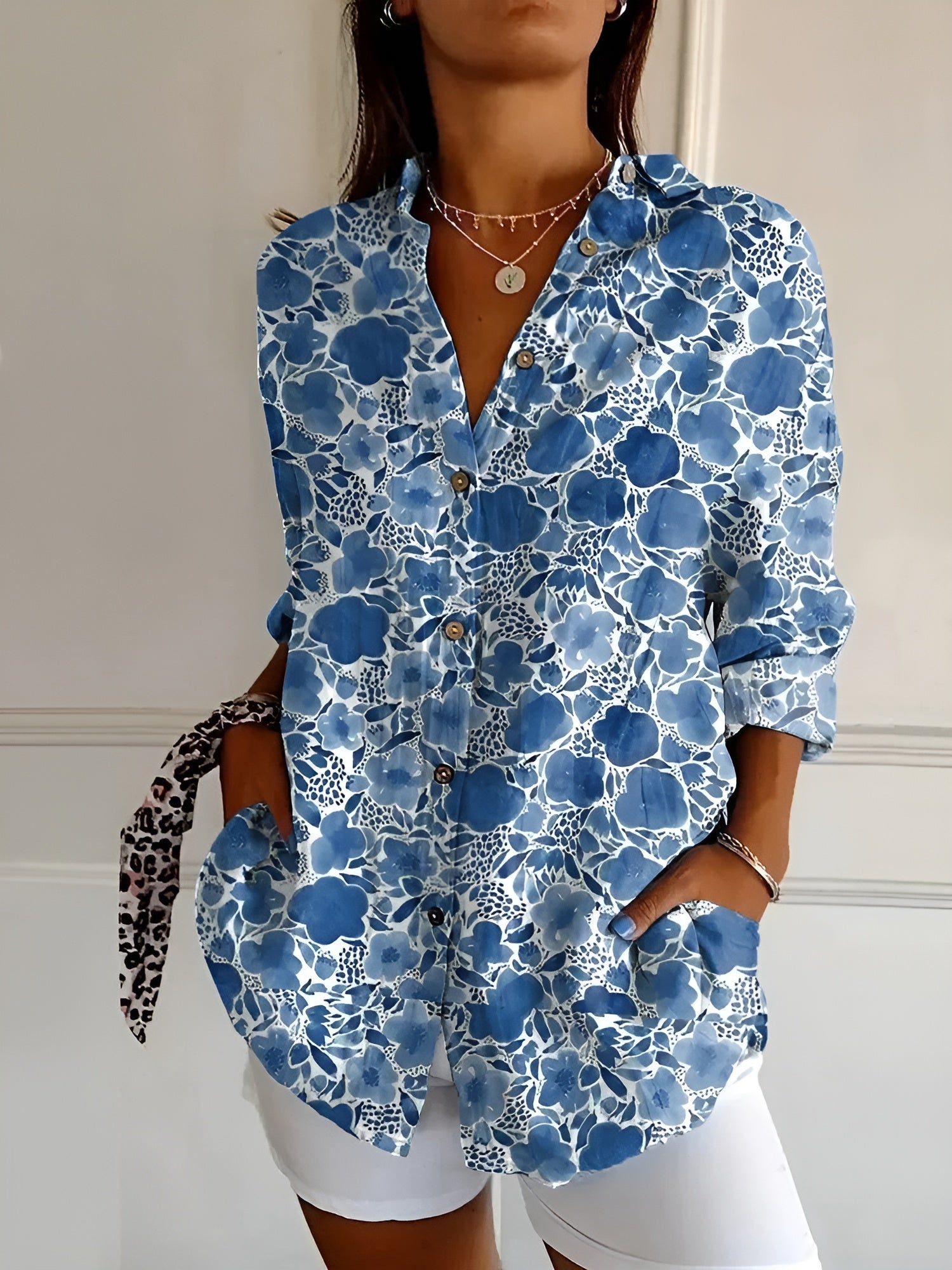 Women's Floral Blouse Button Front and Long Sleeves