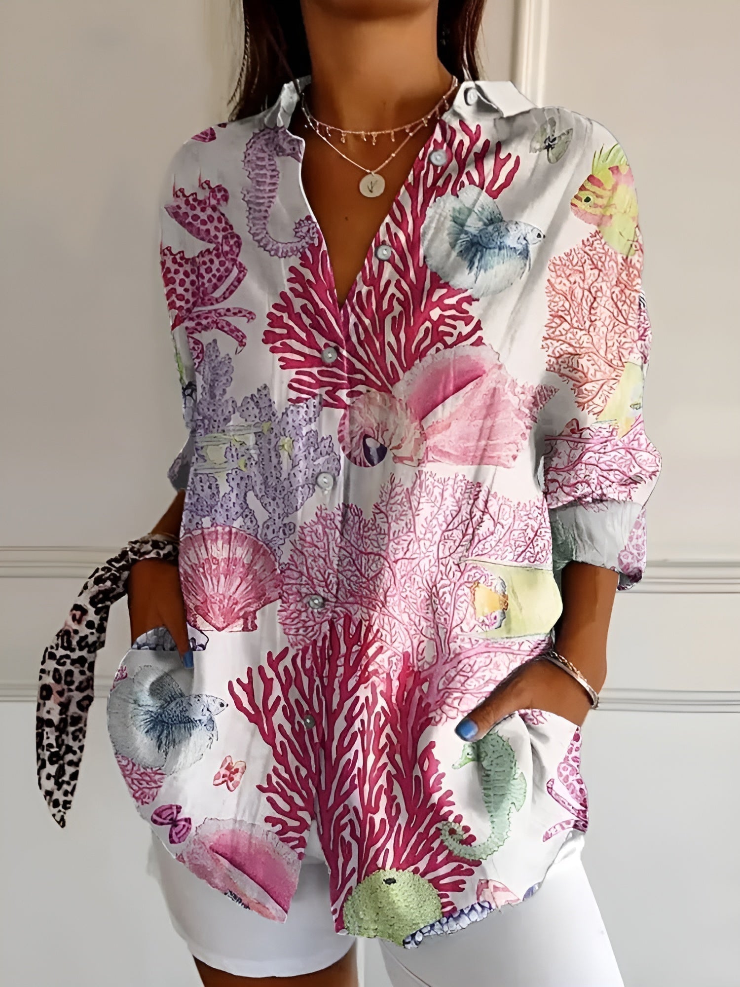 Women's Floral Blouse Button Front and Long Sleeves