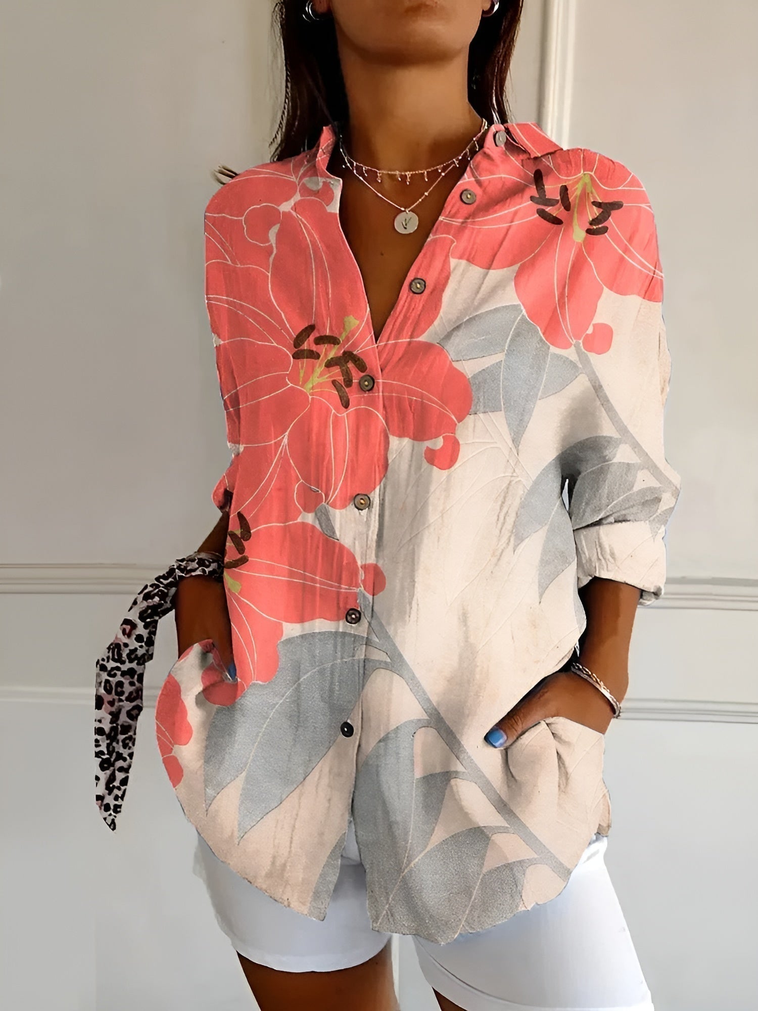 Women's Floral Blouse Button Front and Long Sleeves