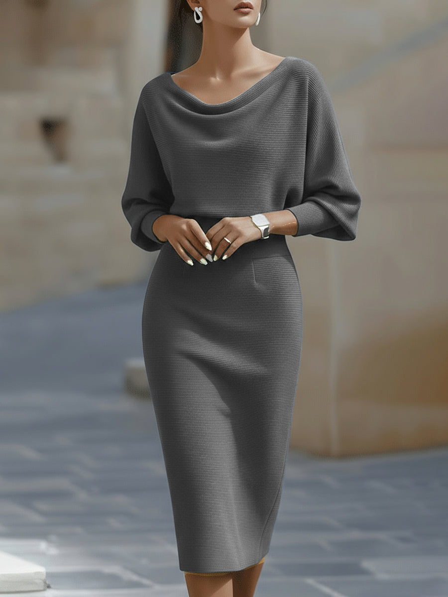Women's Midi Bodycon Dress Boat Neck and Batwing Sleeves