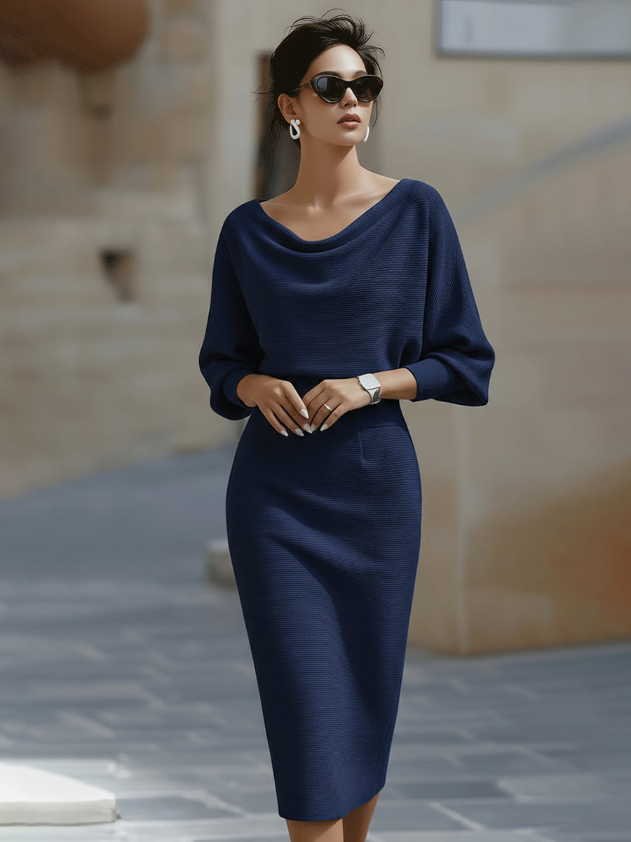 Women's Midi Bodycon Dress Boat Neck and Batwing Sleeves