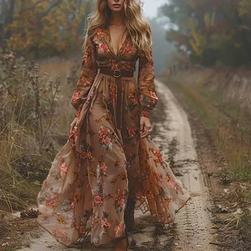 Women's Boho Maxi Dress Summer Ruffled Silhouette and Long Sleeves