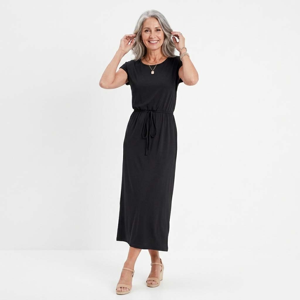 Women's Short Sleeve Midi Dress - Refined Round Neck and Polished Tie-