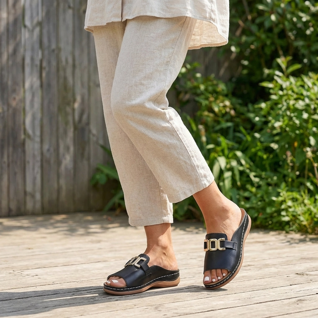Women's Mule Sandals Orthopedic Slide Design and Gold Hardware